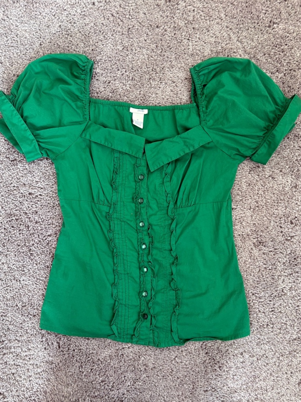 Odille Emerald Green Puff Sleeve Button-Up Blouse